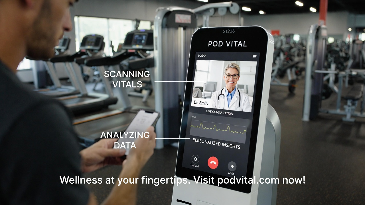 A woman using the original Pod Vital kiosk: a white and wood booth with a mint on-screen wellness report.